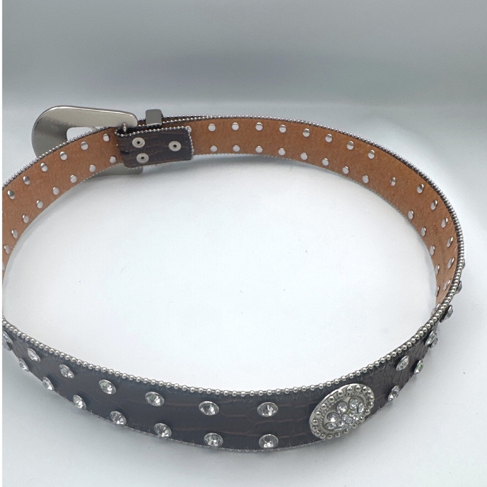Western Belt Womens XL Brown Leather Croc Rhinestone Medallion Cowgirl Rodeo - Picture 8 of 10